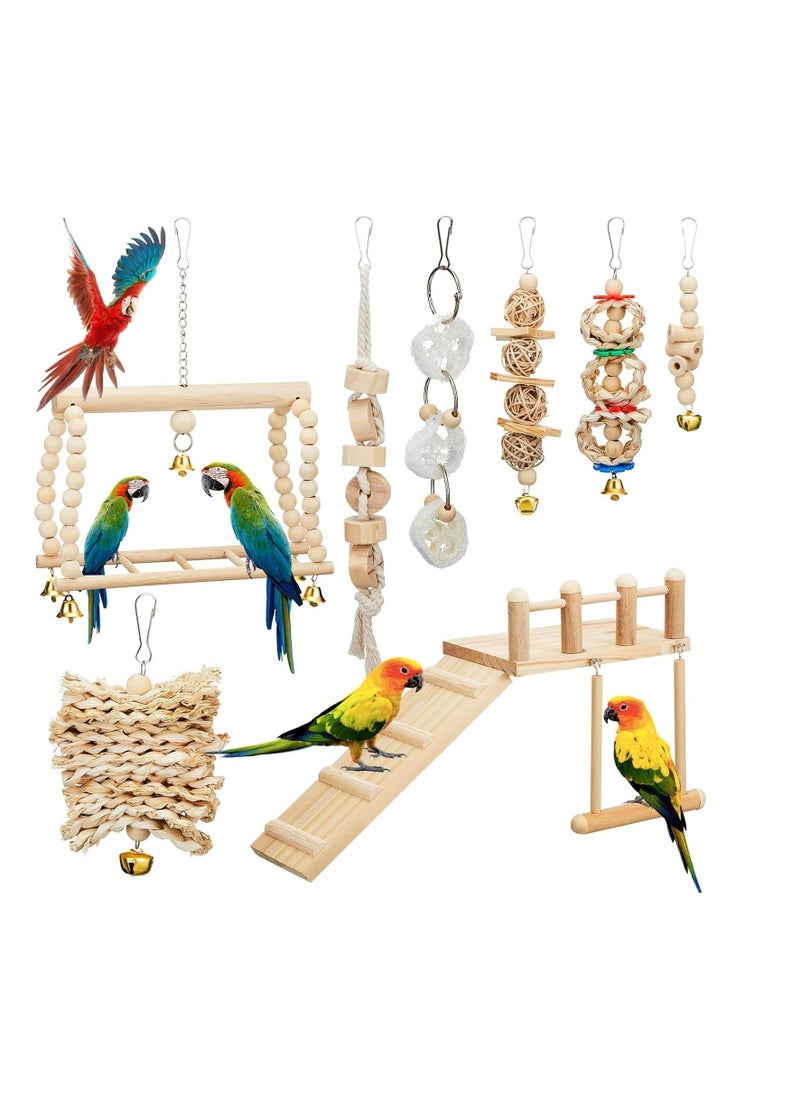 10 Pcs Parrot Swing Toys and Bird Perches Platform, Parrot Swing Chewing Hanging Standing Wooden Toys Bird Cage Accessories, Lovebirds, Finches, Conures, Cockatiels, bird Perches Cage. - Image 1