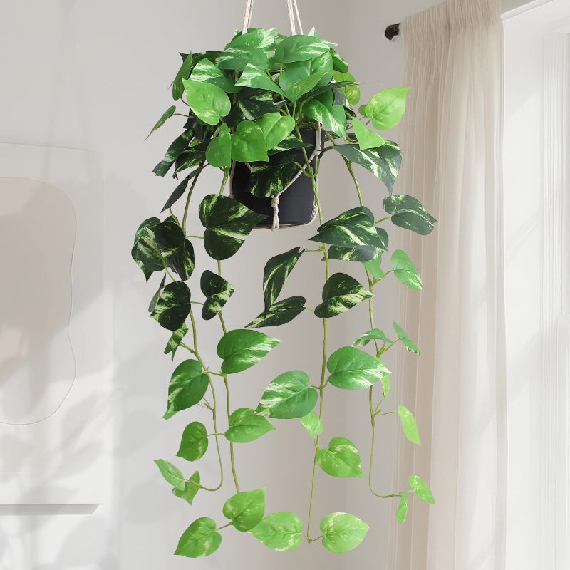 alyptus Fake Pothos Hanging Plants - Artificial Hanging Plant with Pot Realistic Faux Pothos Vines for Indoor DÃ©cor, Lush Greenery for Balcony Patio Office, Bathroom - Golden Green - Image 1