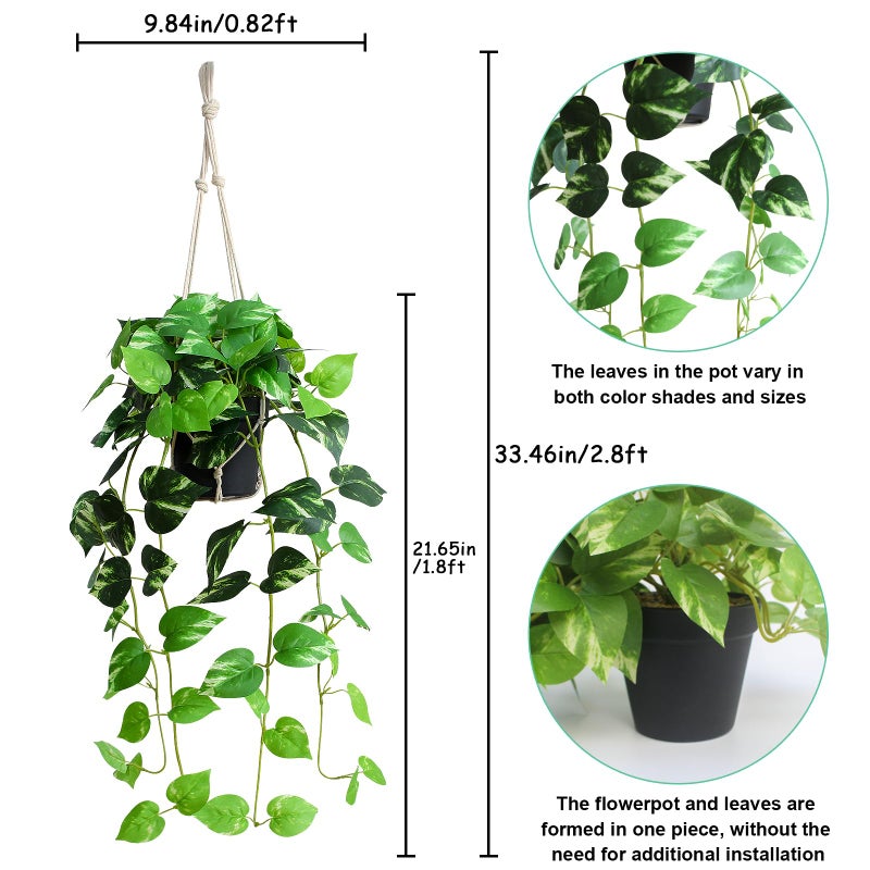 alyptus Fake Pothos Hanging Plants - Artificial Hanging Plant with Pot Realistic Faux Pothos Vines for Indoor DÃ©cor, Lush Greenery for Balcony Patio Office, Bathroom - Golden Green - Image 2
