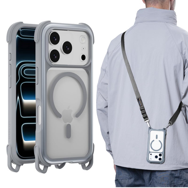 MAGEASY Compatible with iPhone 17 Pro 6.3" Case with Strap - 20ft Ultimate Drop Protection Compatible with MagSafe, Aluminum Frame | Odyssey Strap M (Mist) - Image 1