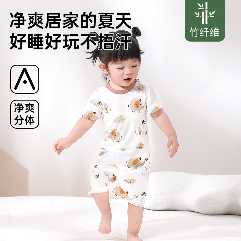 Baby Pajamas Summer Thin Split Suit Bamboo Fiber Women'S Air Conditioning Clothes Children'S Summer Short-Sleeved Summer Clothes - Image 2