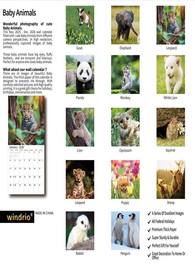 windrio 2026 Wall Calendar,Calendar 2026, November 2025 - December 2026, Wall Calendar Baby Animals, 12" x 24" Opened,Full Page Months Thick & Sturdy Paper for Calendar Organizing & Planning - Image 2