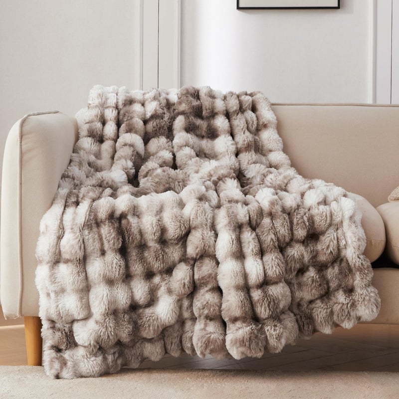 COOVA Faux Fur Throw Blanket for Couch, Cozy Soft and Fuzzy Plush Rabbit Fur Bubble Blanket for Sofa Bedroom Living Room, 60x80 Inches Tie Dye Brown - Image 1