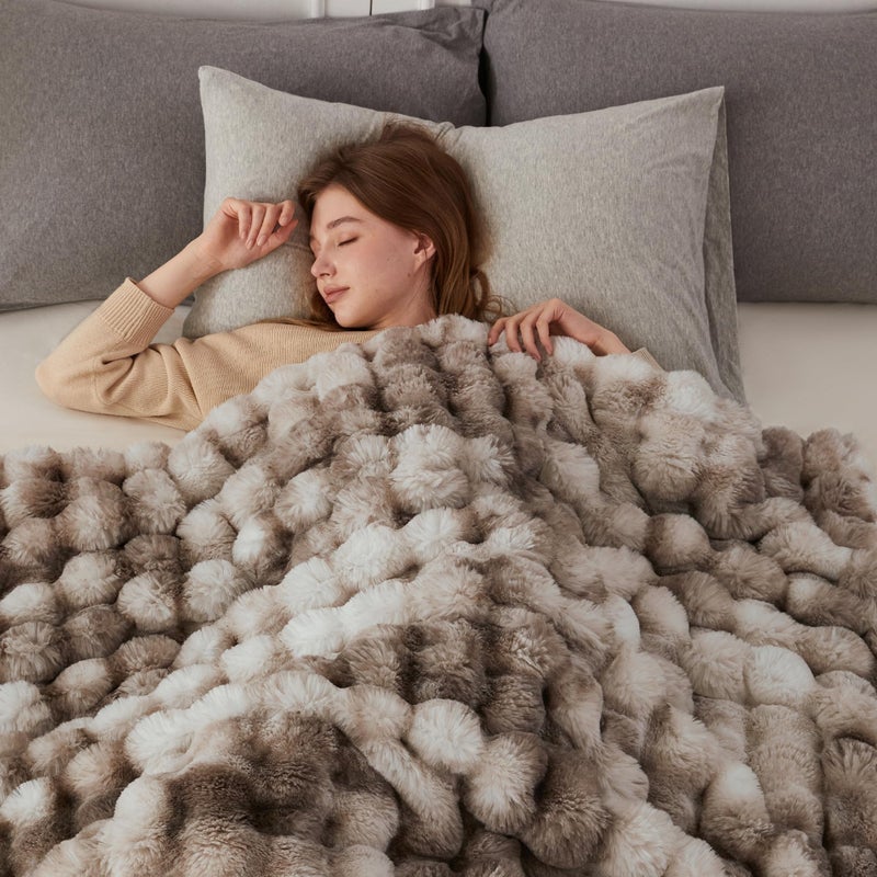 COOVA Faux Fur Throw Blanket for Couch, Cozy Soft and Fuzzy Plush Rabbit Fur Bubble Blanket for Sofa Bedroom Living Room, 60x80 Inches Tie Dye Brown - Image 3