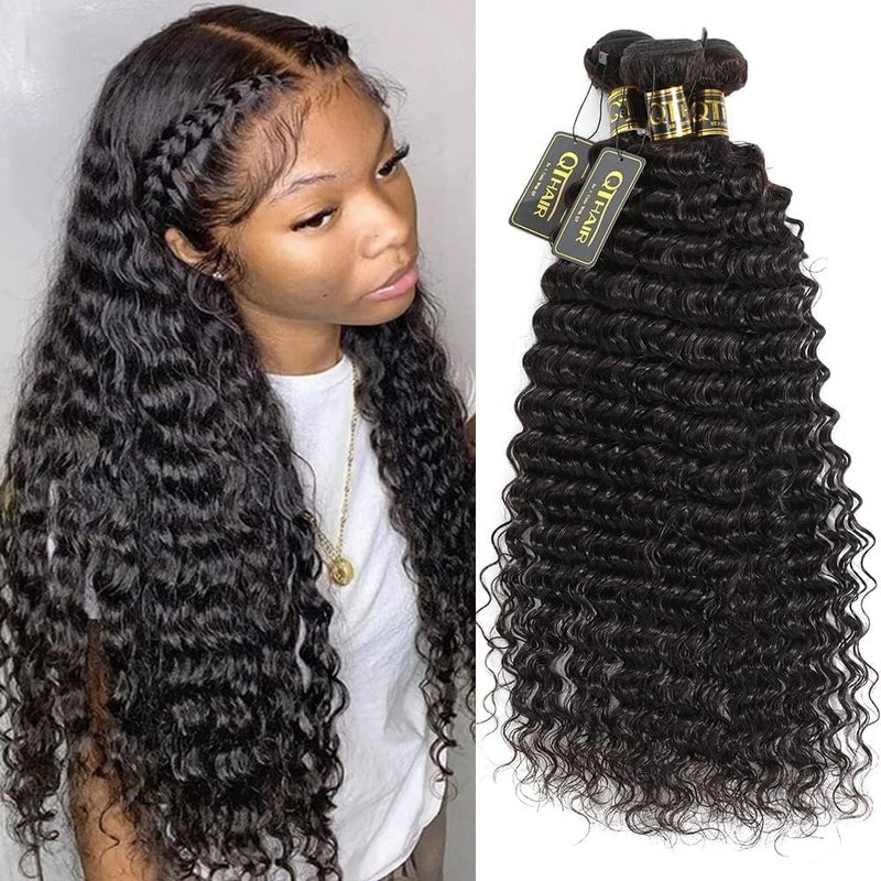 QTHAIR QTHAIR 16A Brazilian Deep Wave Human Hair Bundles 100 Unprocessed Virgin Remy Hair Deep Curly Weave 3 Bundles Extensions for Black Women Natural Color 12 12 14INCH 