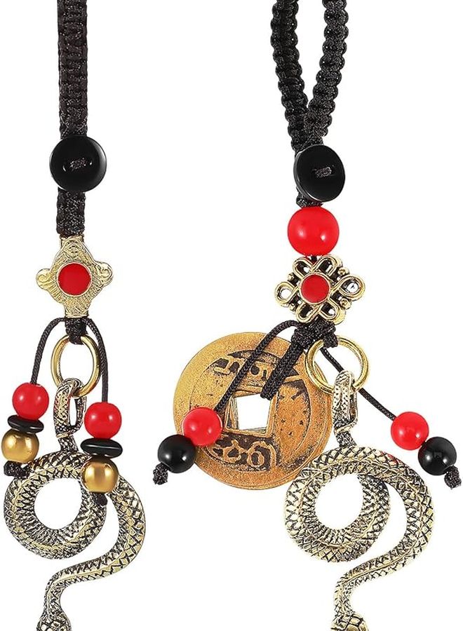 2Pcs Brass Snake Keychain Set With Zodiac Charm And Five Emperor Coins Pendant - Image 1