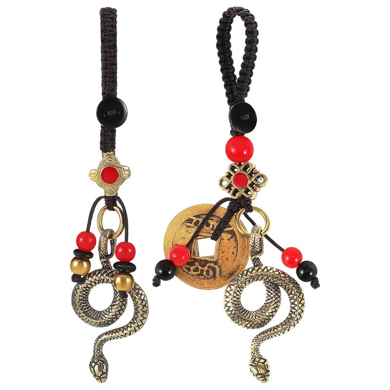 2Pcs Brass Snake Keychain Set With Zodiac Charm And Five Emperor Coins Pendant - Image 2