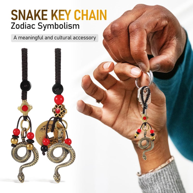 2Pcs Brass Snake Keychain Set With Zodiac Charm And Five Emperor Coins Pendant - Image 4