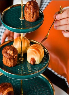 Oasisgalore Set of 2 Porcelain Cupcake Stand Round Ceramic Dessert Stand Tiered Serving Trays with Gold Rod Fruit Plate for Coffee Table Decoration Wedding and Party Accessory  - Image 3