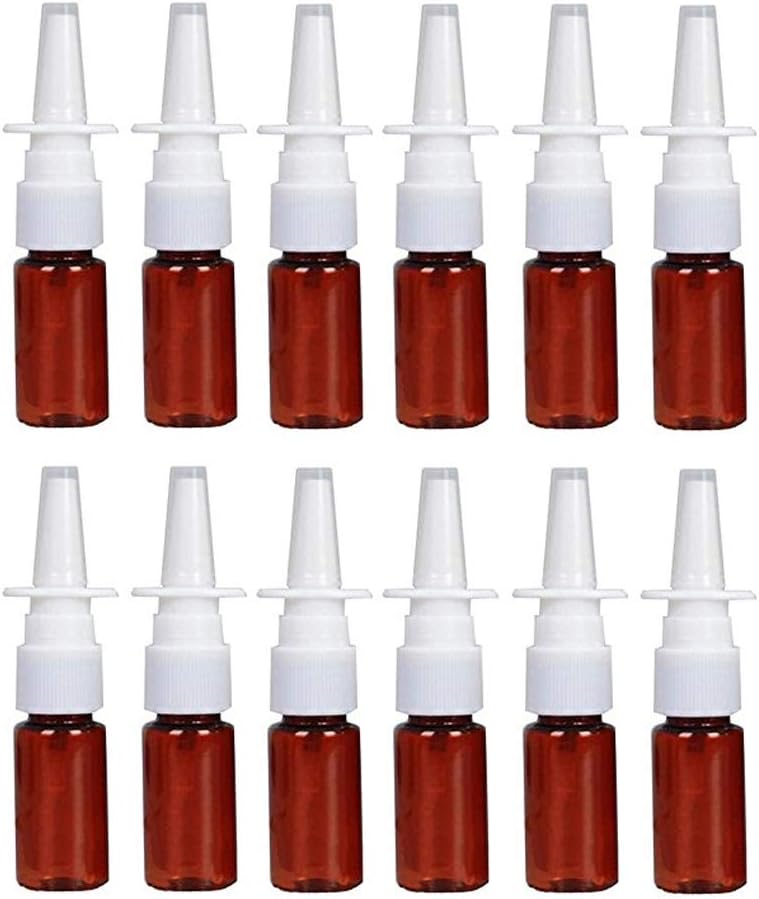 12PCS 10ml/0.34oz Amber Plastic Fine Mist Sprayers Empty Refillable Nasal Spray Bottle Travel Makeup Water Container For Saline Water Makeup Water Perfume Essential Oils