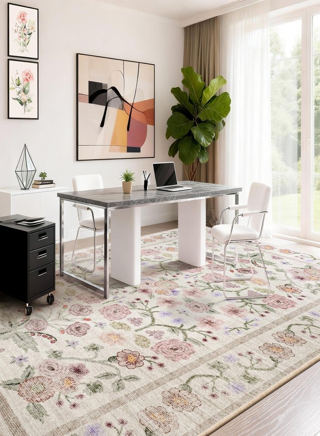 ماكس سوفت سجاد ماكس سوفت كبير الحجم لغرفة المعيشة وغرفة النوم، سجاد قابل للغسل بنقشة زهور، مقاس 5x7، مقاوم للانزلاق والبقع، ناعم الملمس، مناسب للغرف الداخلية، مناسب لغرفة الطعام والمكتب والمطبخ وغرفة النوم، لون وردي - Image 4