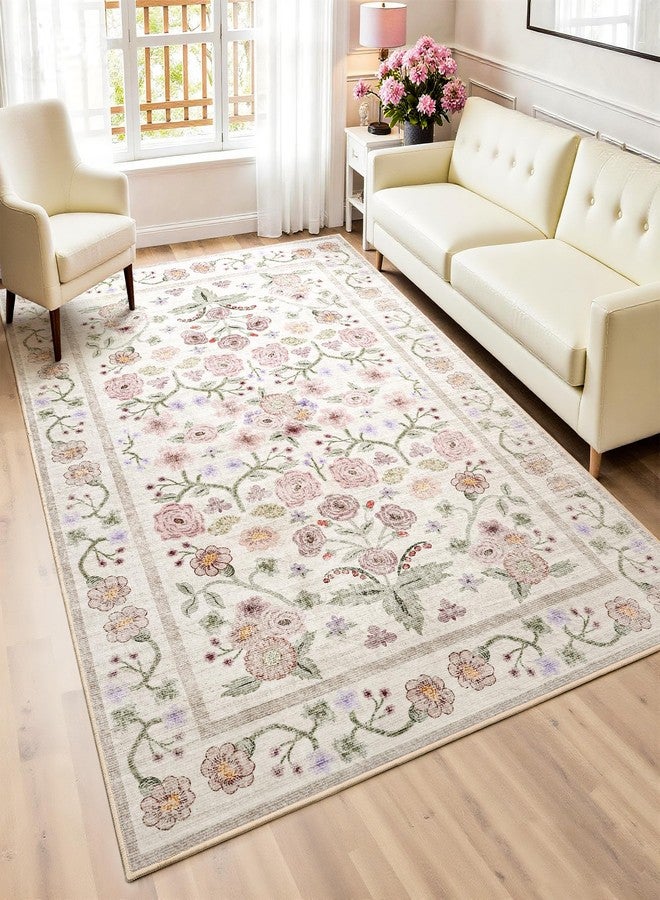 ماكس سوفت سجاد ماكس سوفت كبير الحجم لغرفة المعيشة وغرفة النوم، سجاد قابل للغسل بنقشة زهور، مقاس 5x7، مقاوم للانزلاق والبقع، ناعم الملمس، مناسب للغرف الداخلية، مناسب لغرفة الطعام والمكتب والمطبخ وغرفة النوم، لون وردي - Image 2