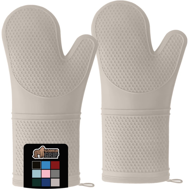 GORILLA GRIP Heat Resistant Durable Long Silicone Oven Mitts 145x83 BPAFree Protective Grilling Potholders Soft Cotton Lining Flexible Waterproof Cooking Mitt Set Kitchen Essentials Almond