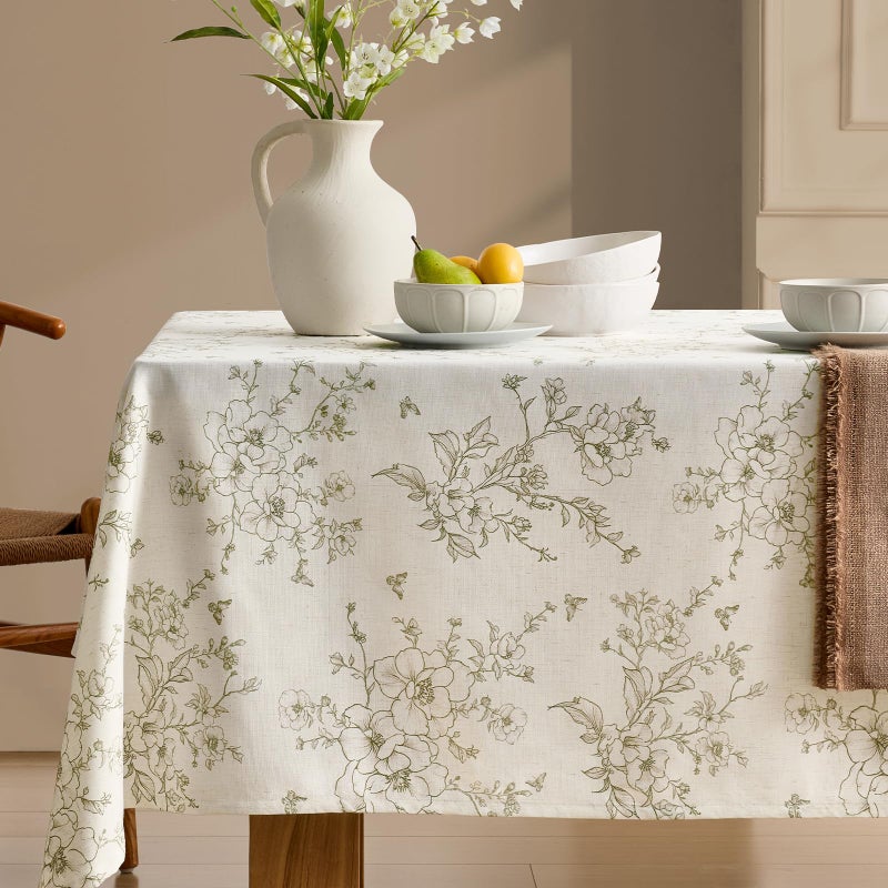 OMMATO Farmhouse Green Floral Tablecloth Vintage French Rustic Linen Tablecloths Rectangular with Flowers Pattern Burlap Textured Outdoor Table Cover for Picnic,Dining,Party,Home Decor 55x84 Inch - Image 1