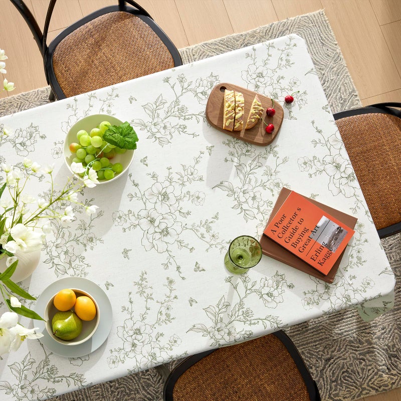 OMMATO Farmhouse Green Floral Tablecloth Vintage French Rustic Linen Tablecloths Rectangular with Flowers Pattern Burlap Textured Outdoor Table Cover for Picnic,Dining,Party,Home Decor 55x84 Inch - Image 3