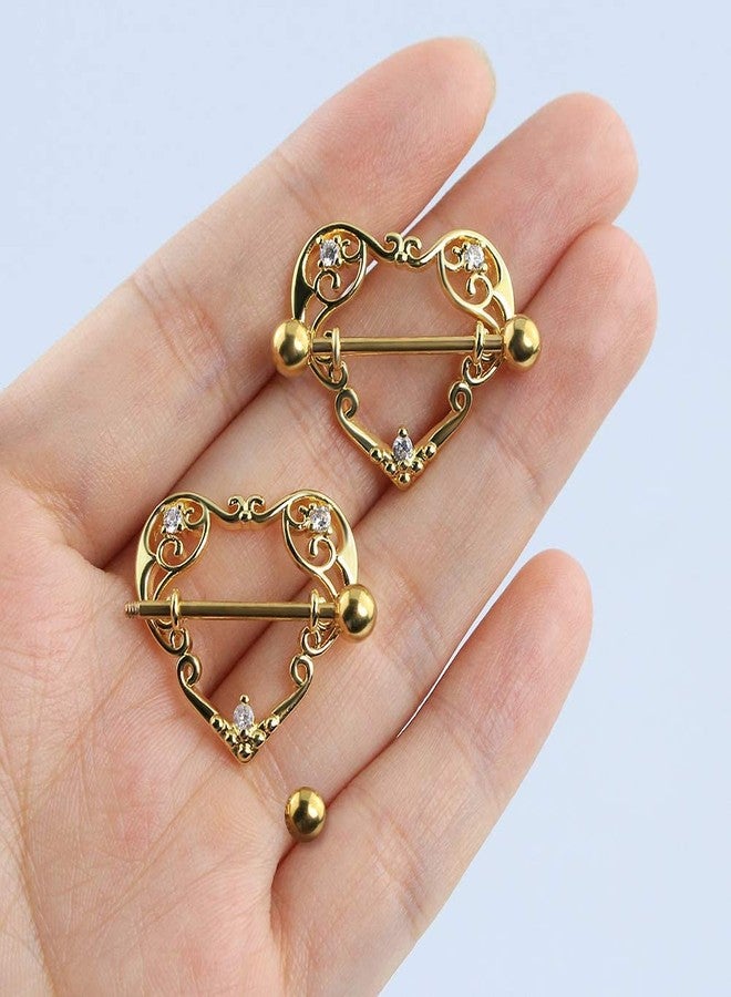 COCHARM كوشرم 2 قطع خواتم حلمة على شكل قلب ذهبية للنساء 14G من الفولاذ الجراحي ثقب الحلمة درع الحلمة باربل حلمة CZ - Image 2