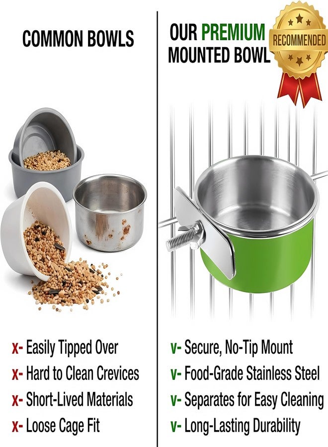 Esmorah Stainless Steel Bird Bowls for Cage (2 Pack)– Green Hanging Bird Food & Water Feeder Cups with Clamp Holder, Anti-Spill Bird Cage Feeders for Parakeets, Cockatiels, Conures, Budgies & Small Animals - Image 3
