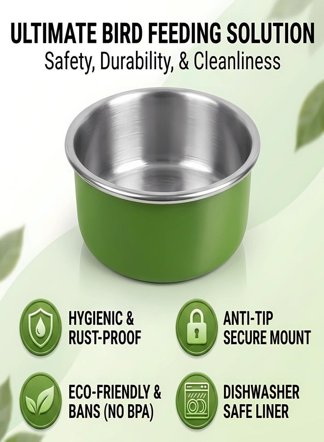Esmorah Stainless Steel Bird Bowls for Cage (2 Pack)– Green Hanging Bird Food & Water Feeder Cups with Clamp Holder, Anti-Spill Bird Cage Feeders for Parakeets, Cockatiels, Conures, Budgies & Small Animals - Image 4