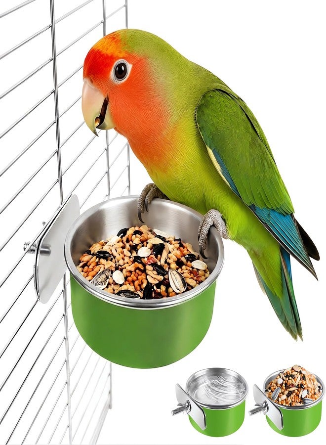 Esmorah Stainless Steel Bird Bowls for Cage (2 Pack)– Green Hanging Bird Food & Water Feeder Cups with Clamp Holder, Anti-Spill Bird Cage Feeders for Parakeets, Cockatiels, Conures, Budgies & Small Animals - Image 1