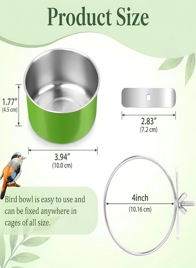 Esmorah Stainless Steel Bird Bowls for Cage (2 Pack)– Green Hanging Bird Food & Water Feeder Cups with Clamp Holder, Anti-Spill Bird Cage Feeders for Parakeets, Cockatiels, Conures, Budgies & Small Animals - Image 2