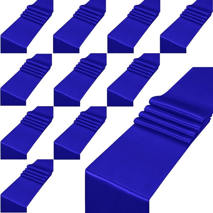 12PCS SATIN TABLE RUNNER 30CM X 275CM BLUE LONG WEDDING SATIN SILK TABLE RUNNER FOR WEDDING BANQUET GRADUATIONS BIRTHDAY PARTY TABLE CHAIR DECORATION