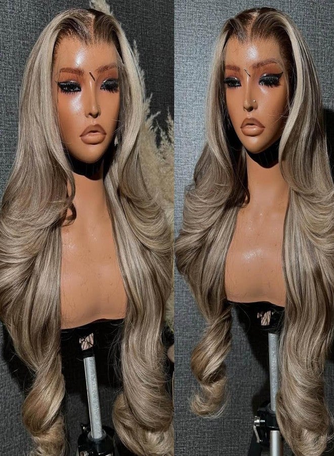 Rina 13x6 Ombre Milk Tea Ash Blonde with Brown Highlights Lace Front Wig Human Hair 210% Density Upgreads Ombre Roots Ash Blonde Highlights Brown Wigs Pre Plucked 13x6 Hd Lace Wig for Women 20 Inch - Image 5