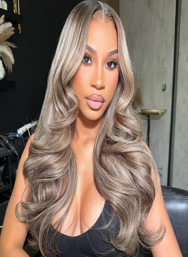 Rina 13x6 Ombre Milk Tea Ash Blonde with Brown Highlights Lace Front Wig Human Hair 210% Density Upgreads Ombre Roots Ash Blonde Highlights Brown Wigs Pre Plucked 13x6 Hd Lace Wig for Women 20 Inch - Image 1