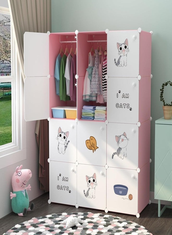 BRIGATTES 12 Door Baby Foldable Wardrobe for Clothes Storage, Kids Almirah for Clothes, Baby Cupboard for Clothes Storage Collapsible Wardrobe for Kids Clothes/Toys/Books-Pink-Cartoon-KTG1 - Image 1