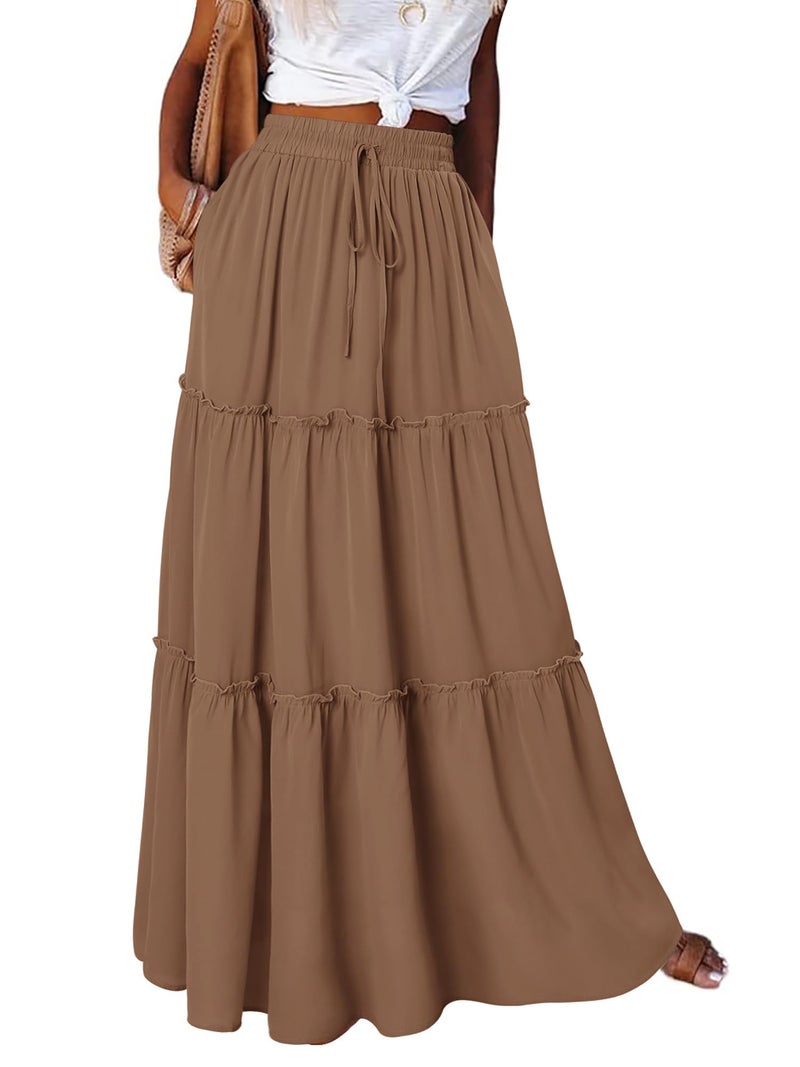 onlypuff Maxi Skirt for Women Boho Western Skirts High Waist Long Skirt with Pockets Fall Festival Outfits Clothing Khaki L - Image 2