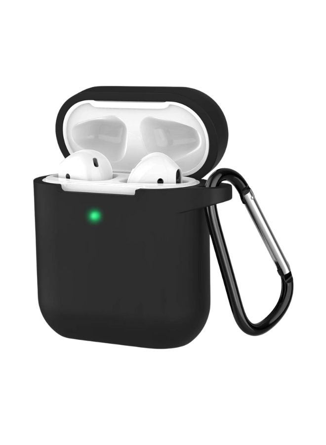 LEEKA حافظة سيليكون لسماعات AirPods مع مشبك معدني - مقاومة للصدمات، مضادة للانزلاق، غطاء واقي مقاوم للغبار مع حلقة مفاتيح لتناسب آمن - غلاف مضاد للخدوش ودائم لسماعات AirPods الجيل 1/2 أسود - Image 1