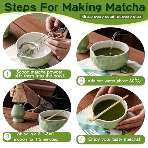 Clay&Fire Matcha Whisk Set, 9 pcs Ceramic Matcha Set, Gifts for Women,Matcha Bowl with Spout and Whisk, Matcha Kit for Matcha Lovers, Ideal Gift Christmas, Birthday, Anniversary(Pink) (Jade Green) - Image 4