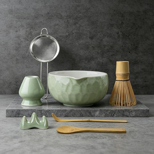 Clay&Fire Matcha Whisk Set, 9 pcs Ceramic Matcha Set, Gifts for Women,Matcha Bowl with Spout and Whisk, Matcha Kit for Matcha Lovers, Ideal Gift Christmas, Birthday, Anniversary(Pink) (Jade Green) - Image 1