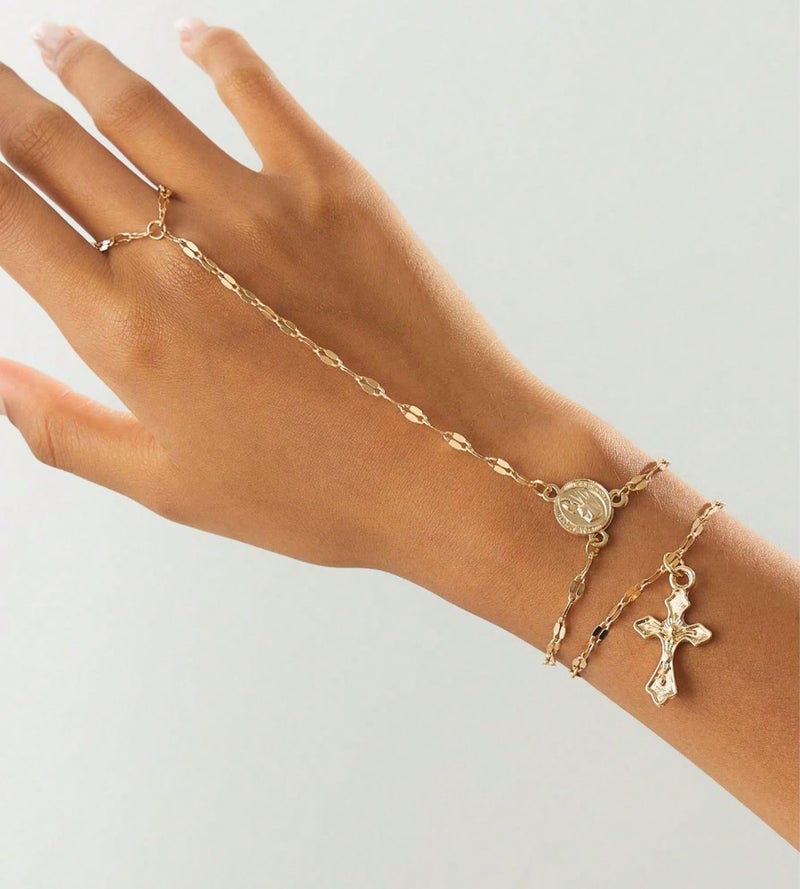 YEEZII Gold Hand Chain Bracelets for Women, 2 Pcs 14k Gold Plated Cubic Zirconia Link Chain Bracelet Set, Trendy ring bracelet hand chain Jewelry for Her (Gold-E) - Image 4