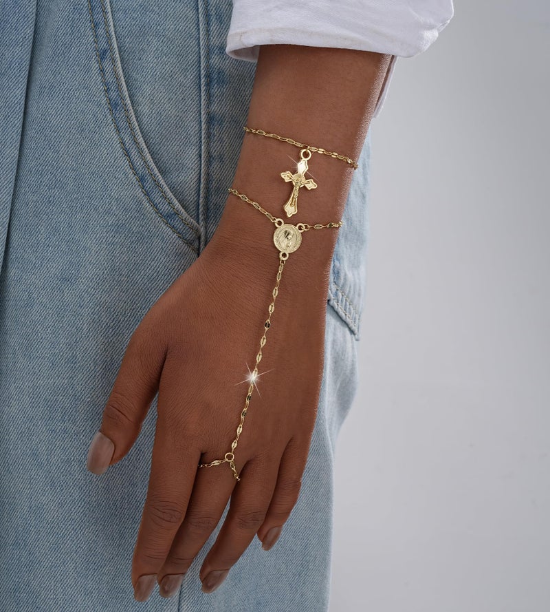 YEEZII Gold Hand Chain Bracelets for Women, 2 Pcs 14k Gold Plated Cubic Zirconia Link Chain Bracelet Set, Trendy ring bracelet hand chain Jewelry for Her (Gold-E) - Image 5