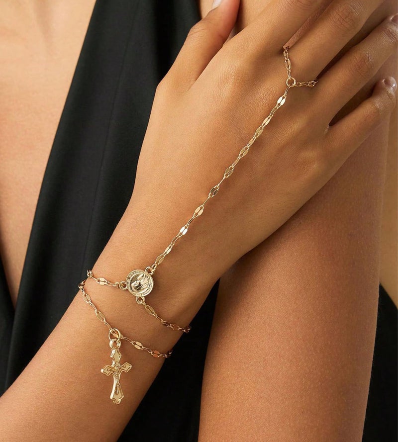 YEEZII Gold Hand Chain Bracelets for Women, 2 Pcs 14k Gold Plated Cubic Zirconia Link Chain Bracelet Set, Trendy ring bracelet hand chain Jewelry for Her (Gold-E) - Image 3