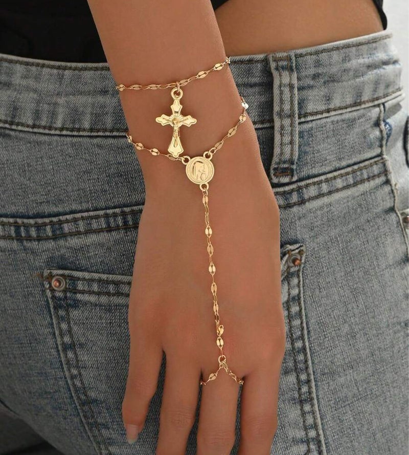 YEEZII Gold Hand Chain Bracelets for Women, 2 Pcs 14k Gold Plated Cubic Zirconia Link Chain Bracelet Set, Trendy ring bracelet hand chain Jewelry for Her (Gold-E) - Image 2