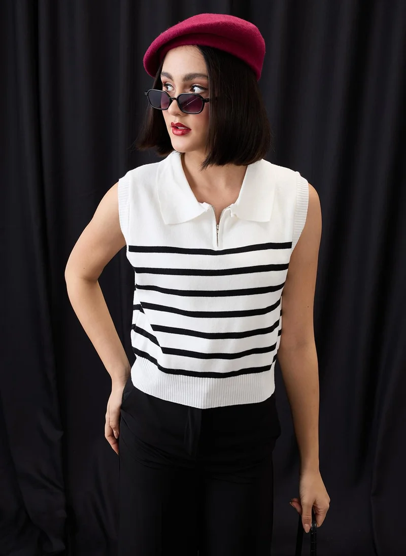 globus Globus Women White Zippered Shirt Collar Striped Flat Knit Ribbed Vest Top