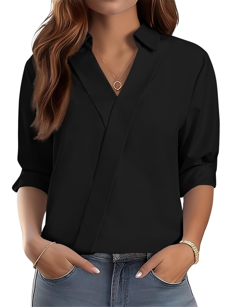 LOMON Black Dress Shirt Women Trendy 3/4 Sleeve Collared Shirt Bussiness Casual V Neck Work Blouses Loose Fit Summer Outfits (Black,L) - Image 1