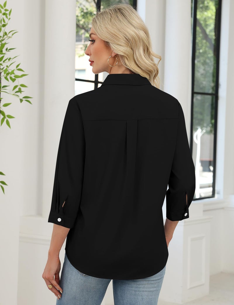 LOMON Black Dress Shirt Women Trendy 3/4 Sleeve Collared Shirt Bussiness Casual V Neck Work Blouses Loose Fit Summer Outfits (Black,L) - Image 5