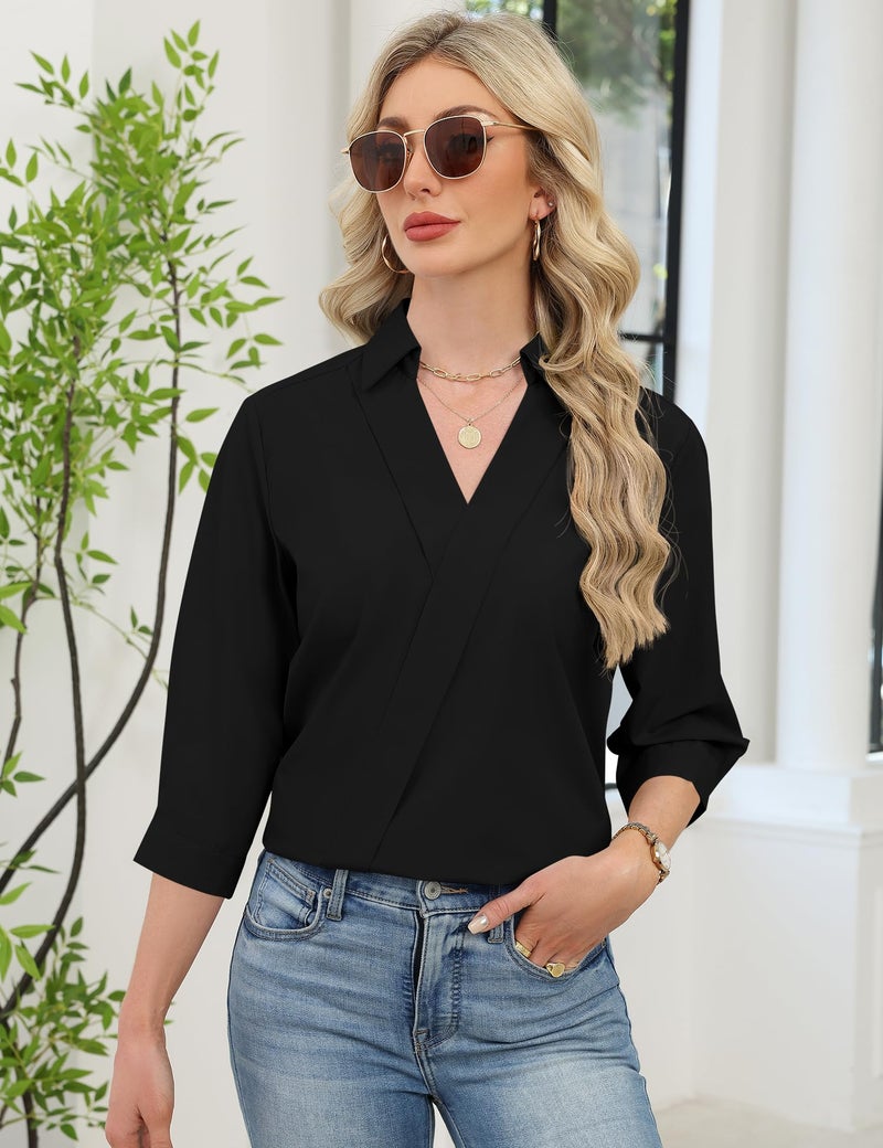 LOMON Black Dress Shirt Women Trendy 3/4 Sleeve Collared Shirt Bussiness Casual V Neck Work Blouses Loose Fit Summer Outfits (Black,L) - Image 3
