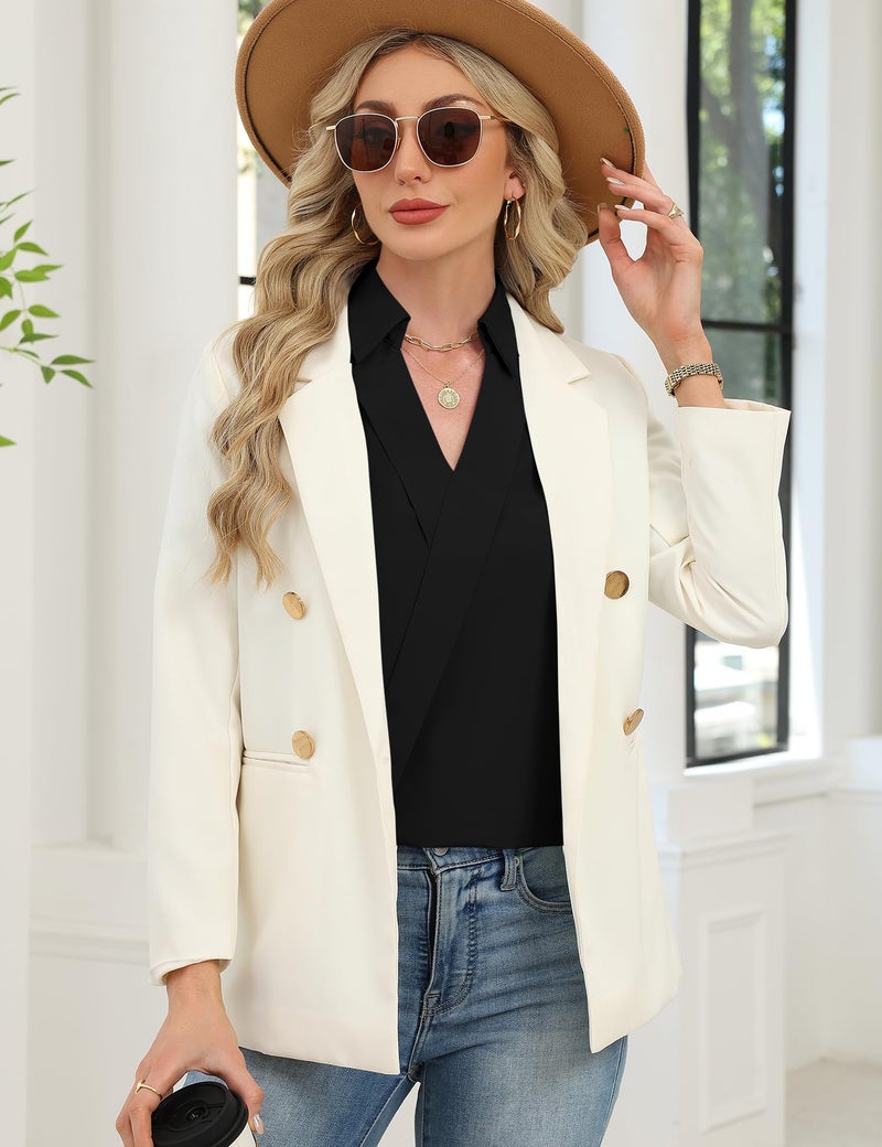 LOMON Black Dress Shirt Women Trendy 3/4 Sleeve Collared Shirt Bussiness Casual V Neck Work Blouses Loose Fit Summer Outfits (Black,L) - Image 4