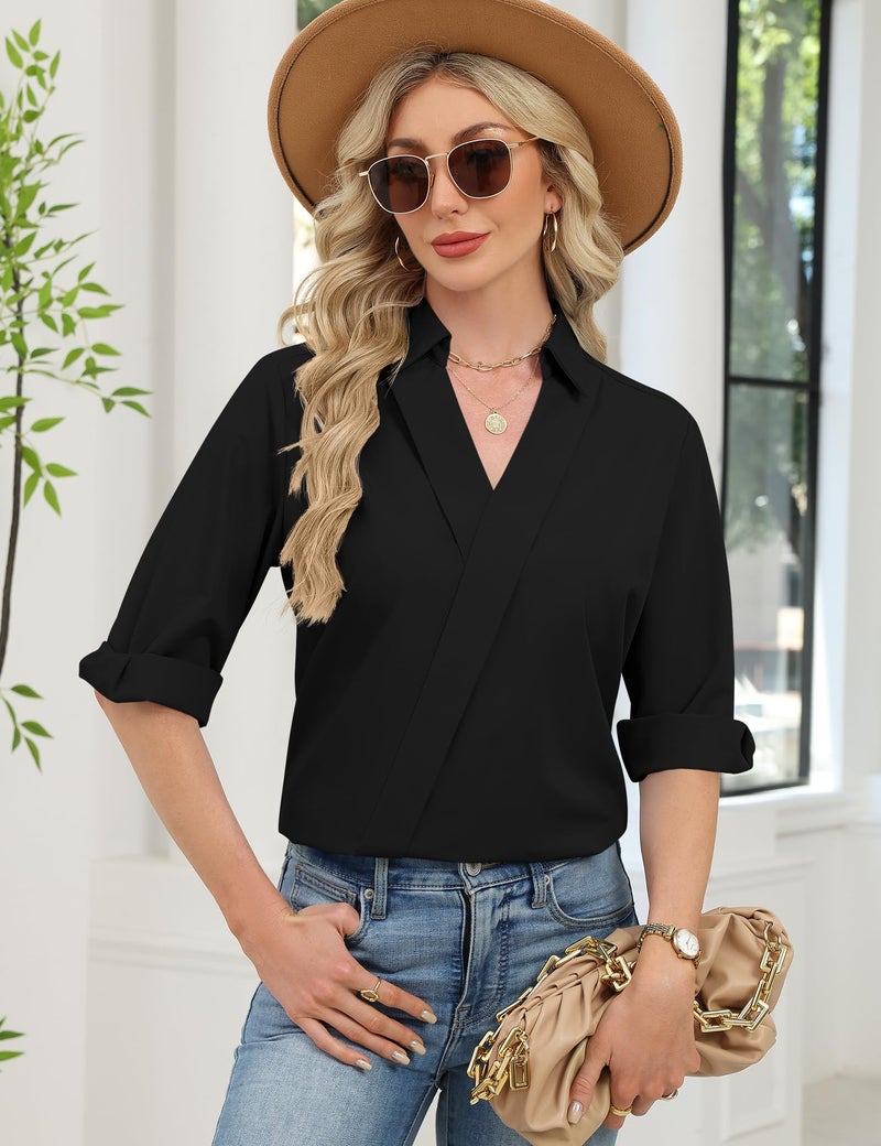 LOMON Black Dress Shirt Women Trendy 3/4 Sleeve Collared Shirt Bussiness Casual V Neck Work Blouses Loose Fit Summer Outfits (Black,L) - Image 2