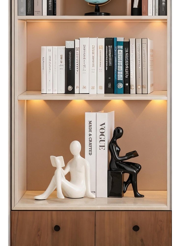 أوبتيا حاملات كتب زخرفية، حاملات كتب خزفية للأرفف، ديكور مكتبي منزلي، حاملات كتب جمالية، تماثيل حاملات كتب لرفوف الكتب، ديكور غرفة النوم وغرفة المعيشة (أبيض وأسود) - Image 2