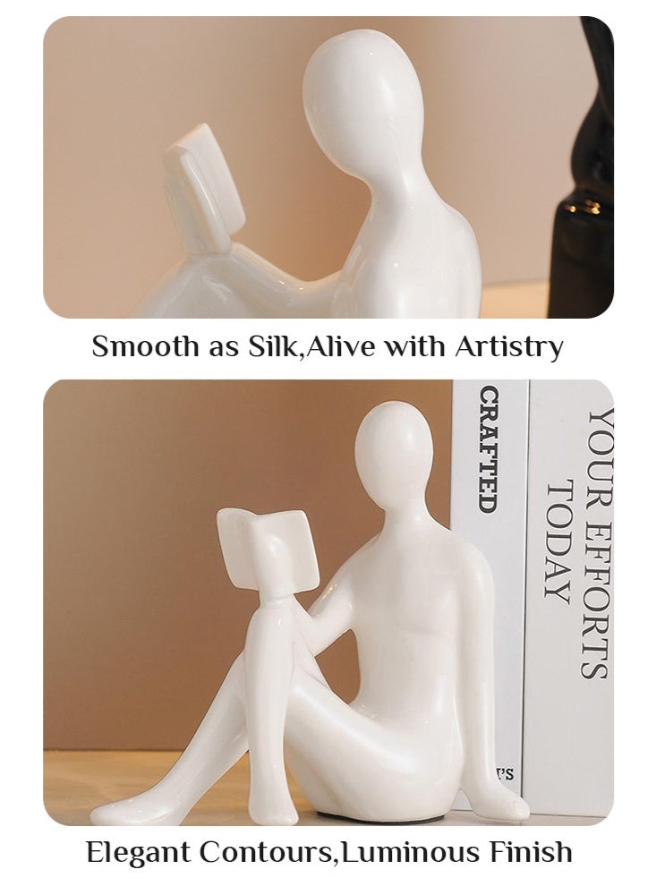 أوبتيا حاملات كتب زخرفية، حاملات كتب خزفية للأرفف، ديكور مكتبي منزلي، حاملات كتب جمالية، تماثيل حاملات كتب لرفوف الكتب، ديكور غرفة النوم وغرفة المعيشة (أبيض وأسود) - Image 4