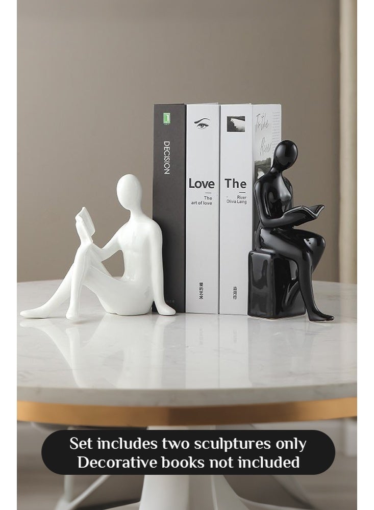 أوبتيا حاملات كتب زخرفية، حاملات كتب خزفية للأرفف، ديكور مكتبي منزلي، حاملات كتب جمالية، تماثيل حاملات كتب لرفوف الكتب، ديكور غرفة النوم وغرفة المعيشة (أبيض وأسود) - Image 5