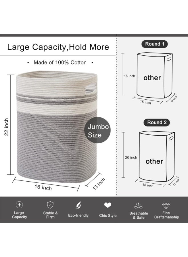 Tall Cotton Rope Laundry Hamper Storage Basket with Handles - Gray, 16x13x22 inches - Image 4