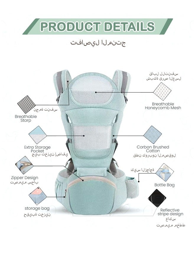 سبا لوكستيك 6-in-1 Baby Carrier with Hip Seat, Multifunctional Waist Carrier for Walking, Shopping, Hiking, Travel- Adjustable Hip Seat Baby Carrier for 0-36 Months Baby, Gift Box Packaging (Green) - Image 4