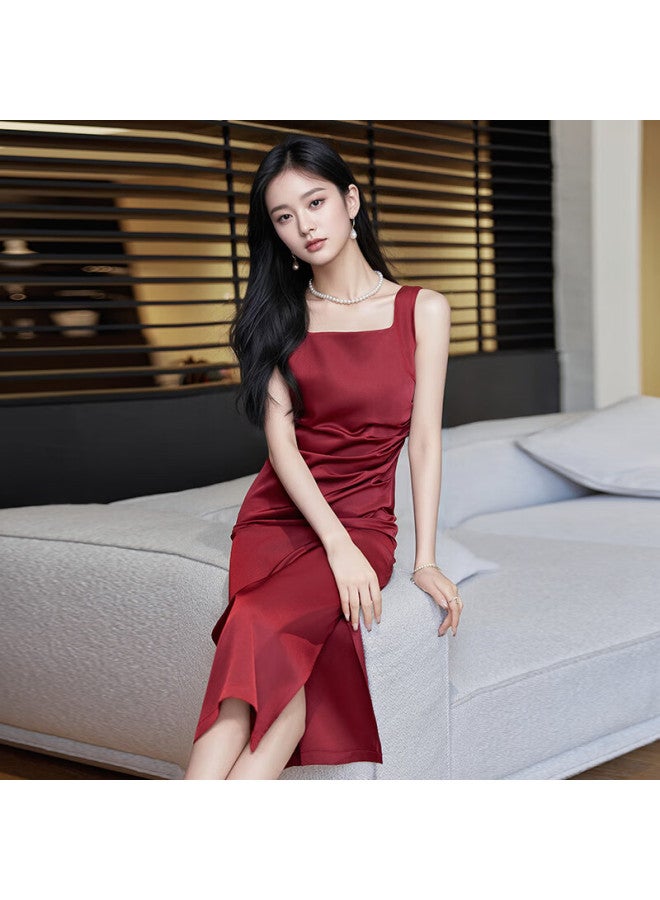 Teluoman Little Black Dress Sleeveless Elegant Vest Strap Dress Summer New Slim Waist Long Suit Inner Dress - Image 2