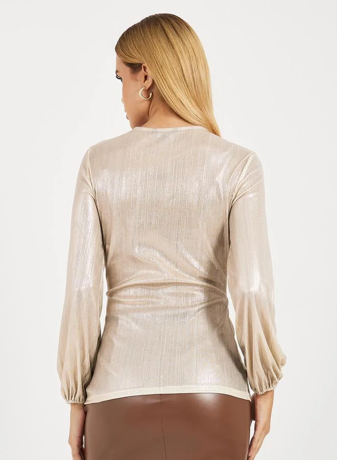 Styli Metallic Wrap Top with Knot Front Detail