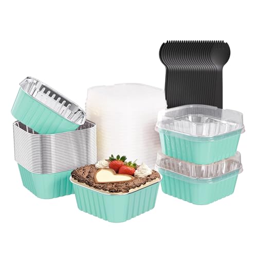 Ksmxos 25 Pack Square Mini Cake Pans with Lids,Mini Loaf Pans with Lids,Aluminum Foil Baking Cups,Disposable Ramekins Cupcake Cups,Dessert Cups for Wedding Birthday Party Picnics,5oz (Blue) - Image 1